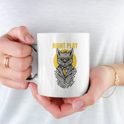 Mafia Cat Night Play - White Mug - Purr-fect Brews